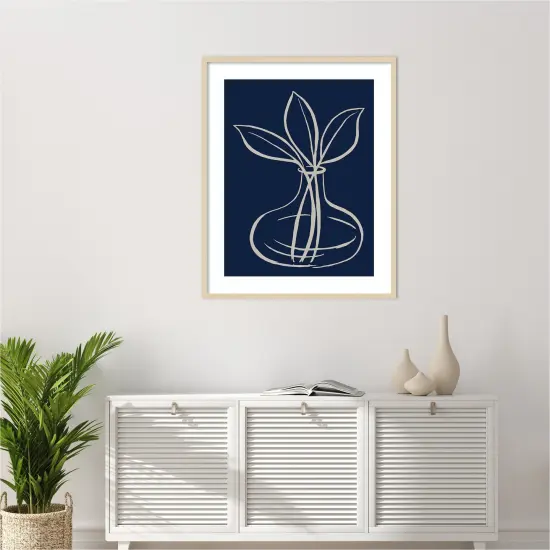 Line Leaves In Vase On Navy I by Elizabeth Medley Wood Framed Wall Art Print {6}