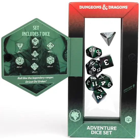 Dungeons & Dragons: D&D Adventure Dice: Legend of Drizzt -Green-Black, 16pc RPG Set, Ranger Symbols, Roleplaying Game Accessory, Sirius Dice, Licensed {3}