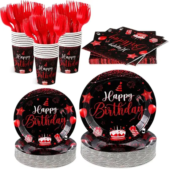 120 Pcs Happy Birthday Party Supplies Disposable Party Tableware Serves 24 Included 7 Inch 9 Inch Plates Napkins Cups Forks for Men Woman 50th Birthday Party Decorations (Black and Red) {1}