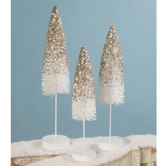 Bethany Lowe 12.0 Inch Platinum Bottle Brush Trees Christmas Decorative Tree Set , Christmas Decor Glittered Flocked White {3}