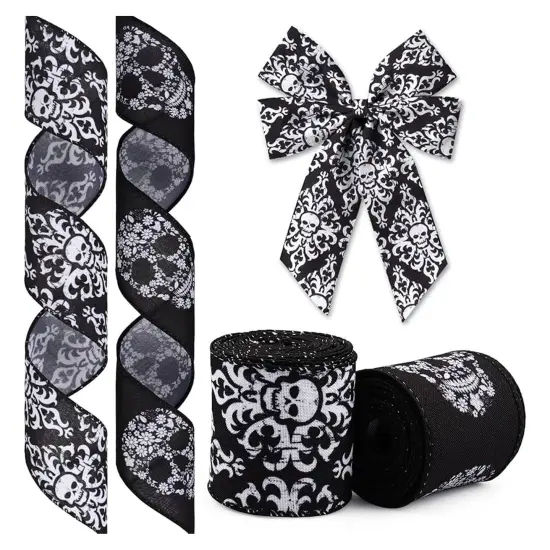 Black and White Damask Flocked Satin Wired Ribbon 1.5" x 10 yd 1 Roll {2}