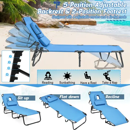 Costway Beach Chaise Lounge Chair with Face Hole Pillows & 5-Position Adjustable Backrest Blue {5}