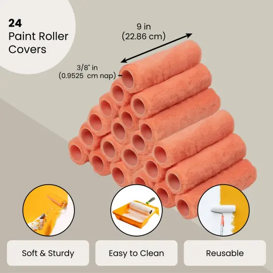 9-Inch Paint Roller Covers - 24 Pack 3/8-Inch Nap Paint Roller Brushes, Painting Roller Covers, Home Repair Tools for All Types of Paints Orange {2}