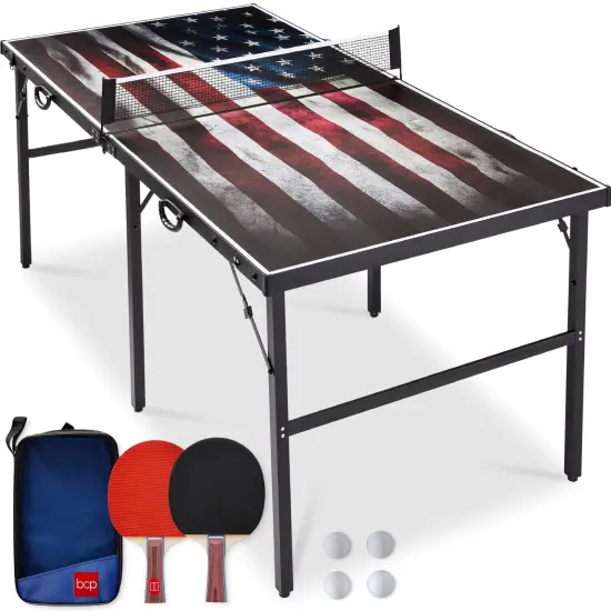 Best Choice Products 6x3ft Portable Ping Pong Table Game Set, Folding Table Tennis w/ 2 Paddles, Balls American Flag {1}