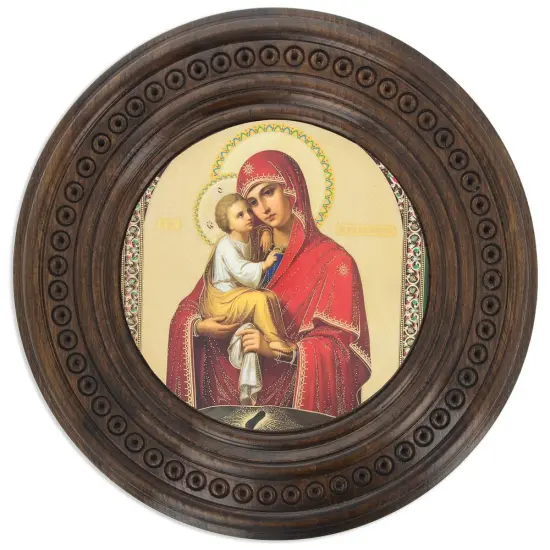 Hand Carved in Ukraine Round Wooden Virgin Mary and Jesus Icon Wall Plaque 10 Inches {1}