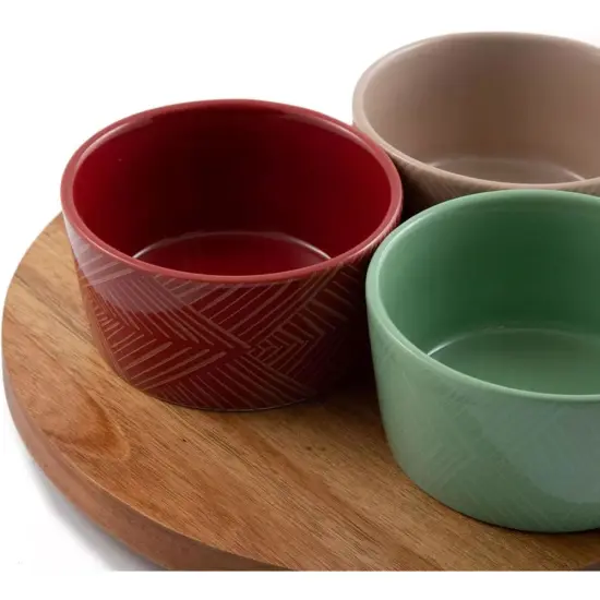 Thirstystone 12-Inch Acacia Wood Lazy Susan Turntable with 3 Ceramic Serving Bowls, Stylish Rotating Server for Condiments, Snacks, and Dips, Perfect for Holiday Dining and Entertaining {4}