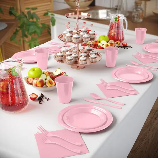 Exquisite 350 Pcs Plastic Plates for Party &ndash; Disposable Plates Set &ndash; 50 Each of 9" Dinner Plates, 7" Dessert Plates, Plastic Cups, Napkins & Plastic Cutlery &ndash; Plastic Dinnerware by Party Solids Pink {4}