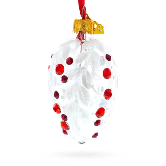 White with Red Gem Accents and Leaf Design Mini Glass Egg Ornament 2.9 Inches {4}