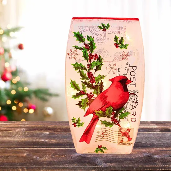 Stony Creek 7.75 In Vintage Postcard Med Vase Christmas Lighted Glass Accent , Christmas Decor Pre-Lit Electric Christmas CARDINAL {4}