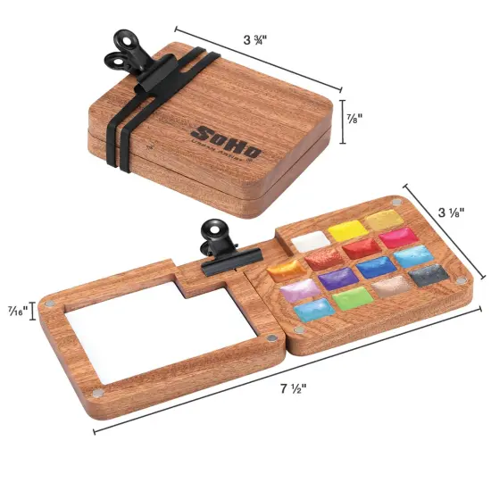 SoHo Urban Artist Mini Wooden Travel Watercolor Palette of 15 Metallic Colors - Professional Watercolor Paint Set for Plein Air Artists, Semi-Moist Pans, Pocket-Sized Magnetic Wood Case with Mixing Area {3}