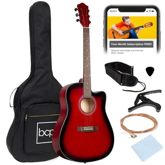 Best Choice Products 41in Full Size Beginner Acoustic Guitar Set with Case, Strap, Capo, Strings Red {1}