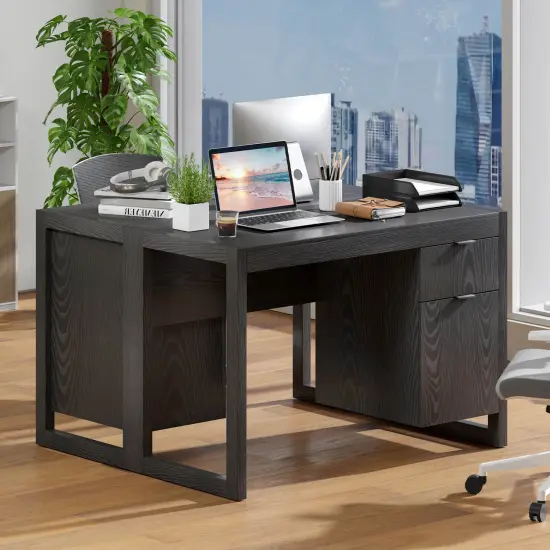 Costway Computer Desk with Storage Cabinet Pull-out Drawer Stable Thick Legs for Bedroom White/Black {5}