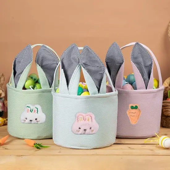 Personalized Easter Basket for Boys Girls, Seersucker Egg Hunt Bunny Baskets for Kids {3}