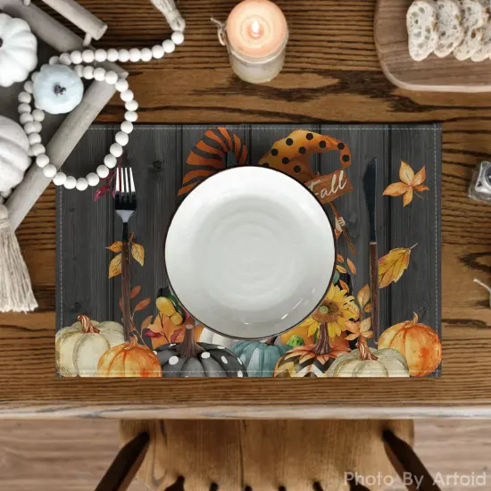 Set of 4 Gnomes Pumpkins Fall Placemats - 12x18 Inch (Black) {2}
