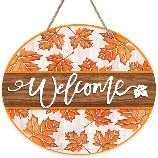 Welcome Fall Maple Leaves Sign (Orange) {1}