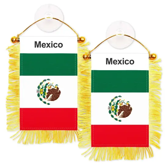 G128 2 Pack: Mexico Mexican Fringy Flag | 3x5IN | Fringy Hanging Double Sided Flag with Suction Cup, Window and Car Rearview Mirror Decor {1}