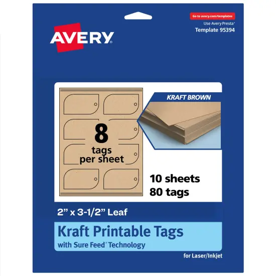 Avery Printable Leaf Printable Tags, Sure Feed Technology, 2" x 3-1/2", Matte Kraft Brown Cardstock, Print-to-The-Edge, Laser/Inkjet Printable, 80 Total {7}