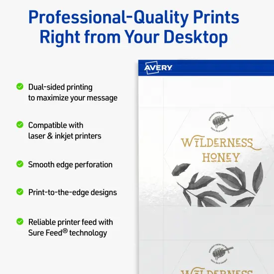 Avery Printable Hexagon Business Cards, Sure Feed Technology, 2-1/2" x 2-9/10", Glossy White Cardstock, Print-to-The-Edge, Laser/Inkjet Printable, 60 Total {8}