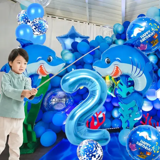 40 Inch 2 Balloon Number, Cute Blue Shark Balloons, Giant Foil 2 Birthday Balloon (shark-2) {4}