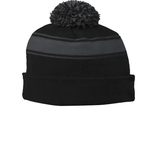 Sport-Tek&reg; Stripe Pom Pom Beanie Black/Tr Red {4}