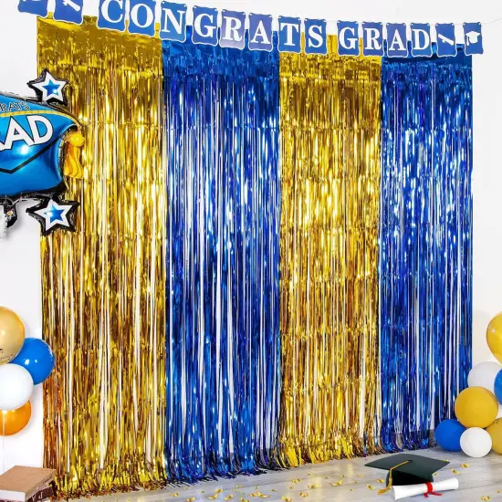2 Pack Blue and Gold 2025 graduation party decorations, 3.3x6.6 ft Foil Fringe Curtains, Tinsel Backdrop, Graduation Photo Booth Prop Streamer Backdrop for High School College University Party {1}