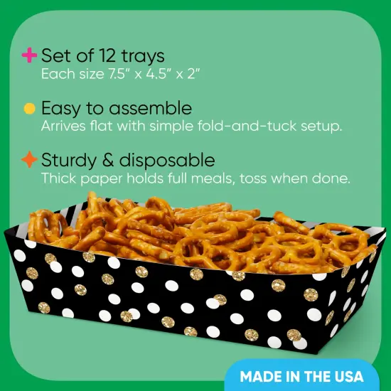 Big Dot of Happiness Black & Gold Party Paper Food Trays, Disposable Double-Sided Paper Food Holders for Nachos, Hot Dogs, French Fries - 12 Ct {4}