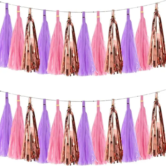 Purple Pink Rose Gold Tissue Paper Tassels Party Tassel Garland Banner for Purple Pink Birthday Party Decorations Girl Birthday Party Decorations, DIY Kits,15PCS {1}