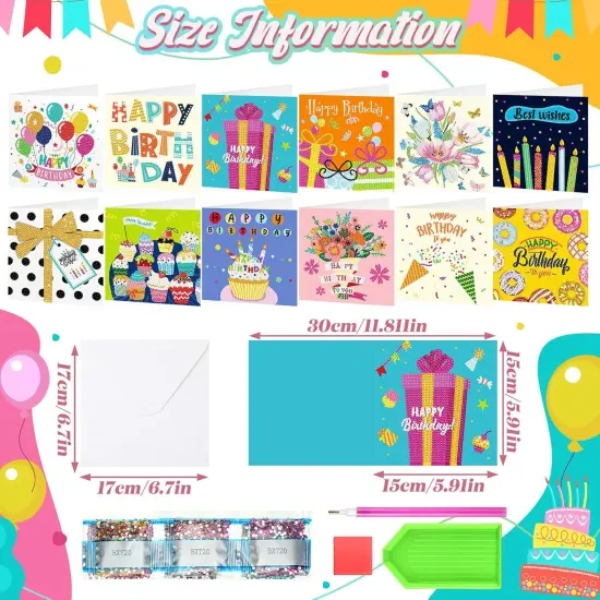 12 Pack Happy Birthday Diamond Painting Greeting Card Kits DIY Diamond Art Cards with Envelopes Birthday Cake 5d Rhinestones Painting Kits for Adults DIY Crafts Family Friend Birthday Gifts {4}