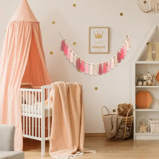 Pink Yarn Tassel Garland Boho Preppy Wall Hanging Decor Bunting Banner Tassels with Wood Bead for Nursery Classroom Office Birthday Party Baby Shower Kids Girls Dorm Bedroom Decorations {5}