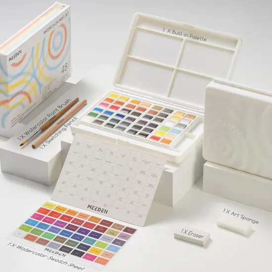 Watercolor Paint Set 48 Colors in Portable Box, Paint Kit with Brush, Palette, Art Supplies, Customizable Color Blocks, Bright Watercolors Travel Set for Adult Teens Beginner Amateur Artists {2}