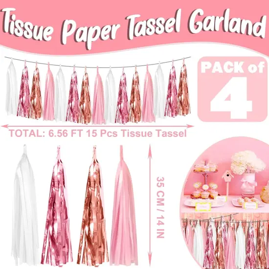 4P Pink White Peach Rose Gold Tassels Party Tassel Garland Banner, Tassels Banner Streamers for Parade Floats, Bachelorette, Wedding, Birthday, Christmas, Bridal/Baby Shower Party Decorations {2}