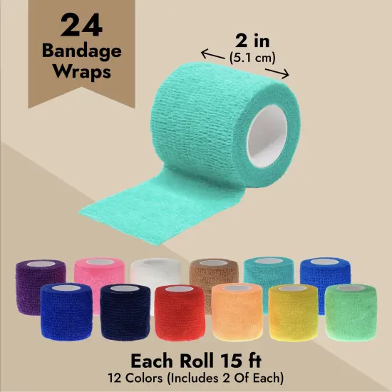 24-Rolls Self Adherent Bandage Wrap 2 inch x 5 Yards – Breathable Vet Tape, Elastic Cohesive for Wrist, Swelling, Sports, Tattoo (12 Assorted Colors) {4}