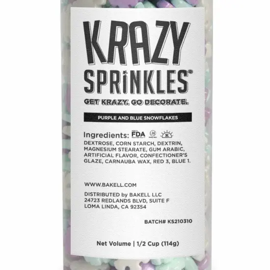 Krazy Sprinkles - Purple and Blue Snowflakes (1/2 Cup, 1x Jar) for Cakes, Ice Cream & Cookies {4}