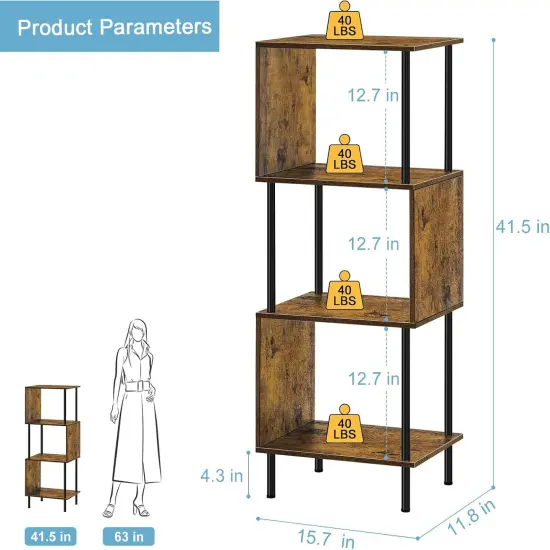 4-Tier S-Shaped Bookcase &ndash; Modern Freestanding Wooden & Metal Shelves for Farmhouse, Living Room, Bedroom, Home Office &ndash; Space-Saving Storage with Anti-Tip Kit {2}