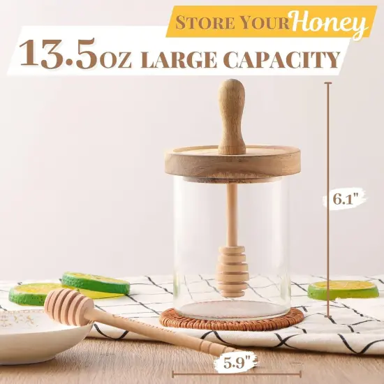 Honey Pot - Honey Jar and Dipper Set - Glass Honey Jar with Dipper - Honey Dipper Stick and Jar Set - Glass Honey Dispenser No Drip - Honey Container with Dipper- 2 Wooden Honey Dippers - 13 Oz {5}