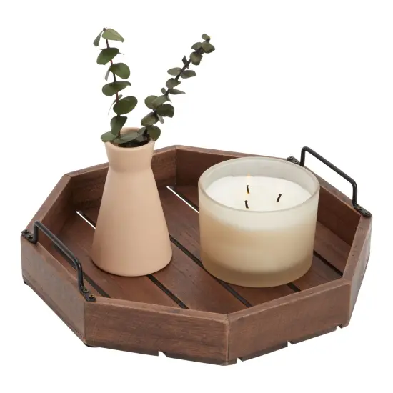 Farmlyn Creek Decorative Rustic Wooden Serving Tray with Metal Handles for Candles, Coffee Table, Farmhouse Home Decor (11.75 x 11.75 x 2.75 In) Brown {1}