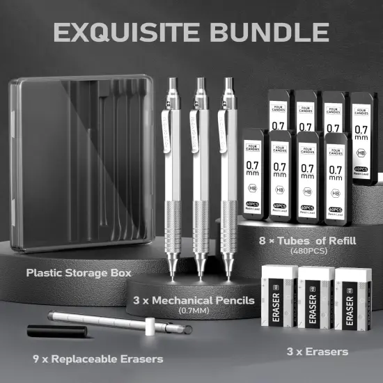 0.7mm Mechanical Pencil Set with Case, 3PCS Metal Artist Lead Pencil with 8 Tubes (480PCS) HB Lead Refills, 3 Erasers, 9 Eraser Refills For Engineer Art Writing Drawing Drafting, Silver {4}