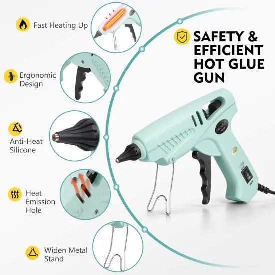 60/100W Hot Glue Gun Full Size with 15 Pcs Hot Glue Sticks (0.43 X 5.9 inch) and Carry Case, Dual Power High Temp Melt Glue Gun Kit with Finger Caps, Mat for Arts Craft, Household, Green {3}
