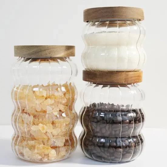 Glass Jar with Wood Lid - Cute Decorative Canisters for Nut, Coffee, Sugar Storage - Set of 3 Sizes: Clear (12oz, 20oz, 27oz) - Perfect for Kitchen Storage & Gifts {5}