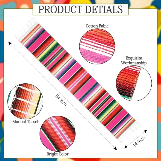 Mexican Table Runner, Mexican Fiesta Party Decorations 14"x84" Fiesta Table Runner Cinco De Mayo Party Decorations Boho Colorful Striped Runner Cotton Blanket Mexican Theme Home Party Decor, Hot Pink {2}