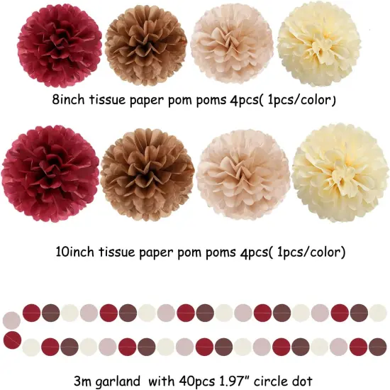 Brown Burgundy Champagne-Gold Party-Decorations - 30pcs Rustic Boho Wedding Tissue Pom-Poms Streamers ,Fall Autumn Tassel Garland Banner,Birthday Baby Bridal Shower Engagement Decor {2}