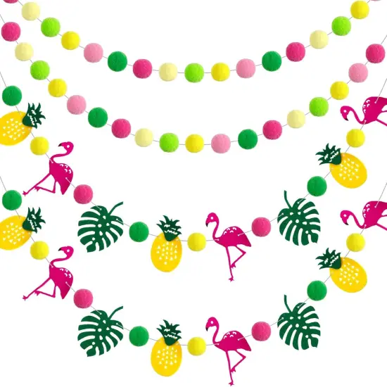 Summer Party Decoration Hawaii Pom Pom Ball Garland Tropical Flamingo Pineapple Party Banner Set Aloha Banner for Birthday Wedding Photo Backdrop Hawaiian Party {1}
