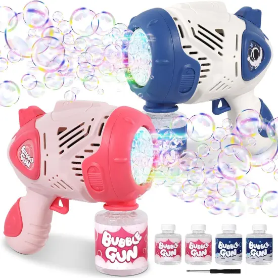 2 Pack Bubble Gun for Kids Ages 4-8, 20 Holes Bubble Machine Blaster with 4 Bottles Refill Solution LED Light, Summer Outdoor Toy Wedding Kids Birthday Party Favor Gifts Basket Stuffers {1}