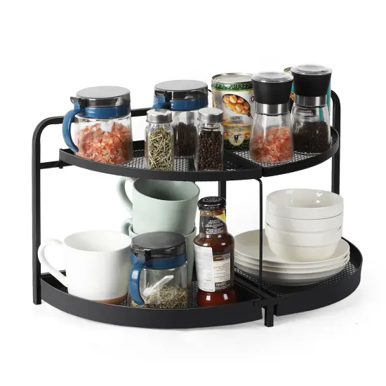 2-Tier Rotating Metal Countertop Organizer - Rust-Proof Bathroom & Kitchen Storage Shelf with Foldable Design, Large Space-Saving Semicircle Shelves {1}