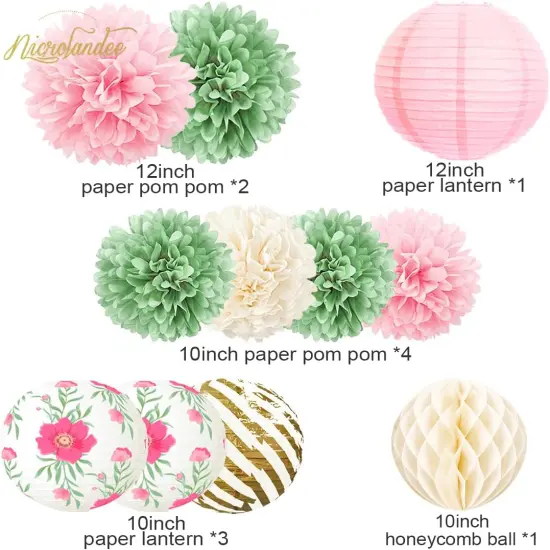12PCS Green Pink Blooms Tissue Pom Poms Paper Lantern 3D Gold Confetti 50G for Garden Birthday, Fairy Party, Butterfly Baby Shower, Wedding, Holiday, Easte Party, Spring Decor {3}
