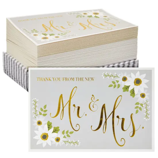 48 Pack Thank You From The New Mr and Mrs Cards for Wedding, Bulk Gold Foil Cards with Decorative Striped Envelopes, Blank on the Inside (4 x 6 In) Multicolor {1}