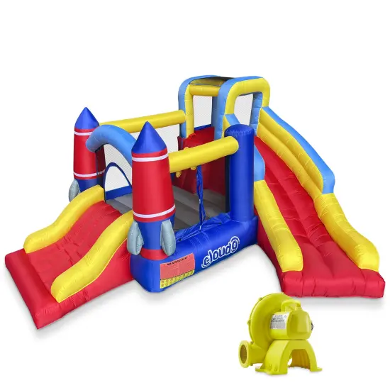 Cloud 9 Inflatable Rocket Bounce House with Blower, Bouncer for Kids with Two Slides and Large Jumping Area {1}