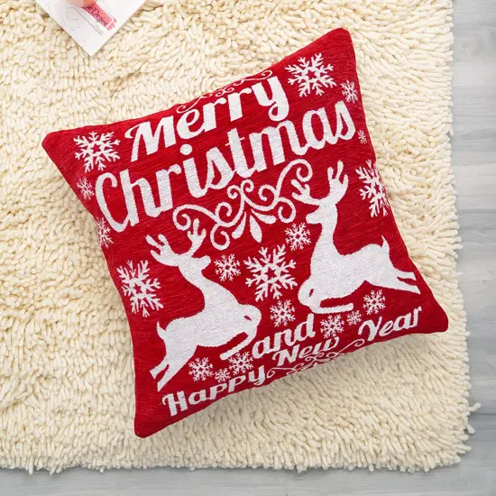 Merry Christmas Cheer Jacquard Woven Throw Pillow &ndash; 24" x 24", Holiday Decorative Cushion {1}