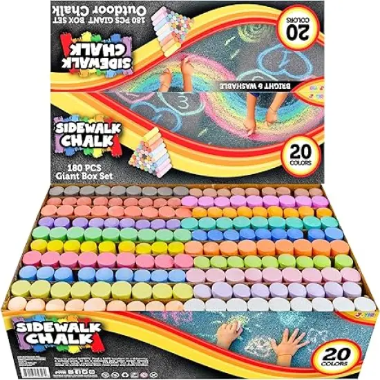 180 PCS Washable Sidewalk Chalks Set in 20 Colors Non-Toxic Jumbo Chalk for Outdoor Art Play, Painting on Chalkboard, Blackboard and Playground {1}