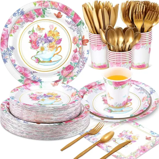 350 Pcs Tea Party Supplies Summer Tea Party Tableware Set Disposable Plates Napkins Paper Cups Plastic Cutlery Set {1}